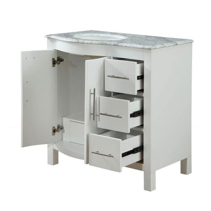 Silkroad Exclusive 36" Single Left Sink White Bathroom Vanity With Carrara White Marble Countertop and White Ceramic Undermount Sink - V0290WW36L