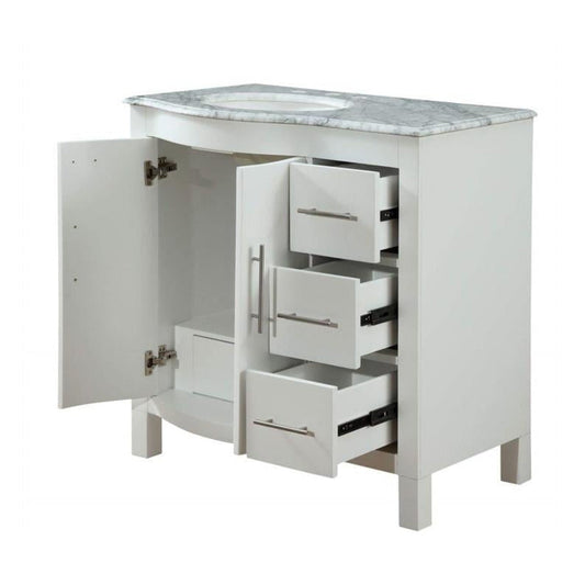 Silkroad Exclusive 36" Single Left Sink White Bathroom Vanity With Carrara White Marble Countertop and White Ceramic Undermount Sink - V0290WW36L
