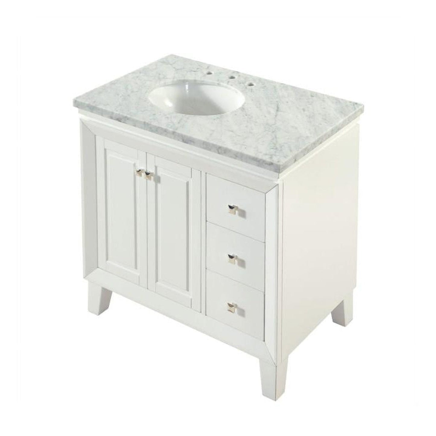 Silkroad Exclusive 36" Single Left Sink White Bathroom Vanity With Carrara White Marble Countertop and White Ceramic Undermount Sink - V0320WW36L