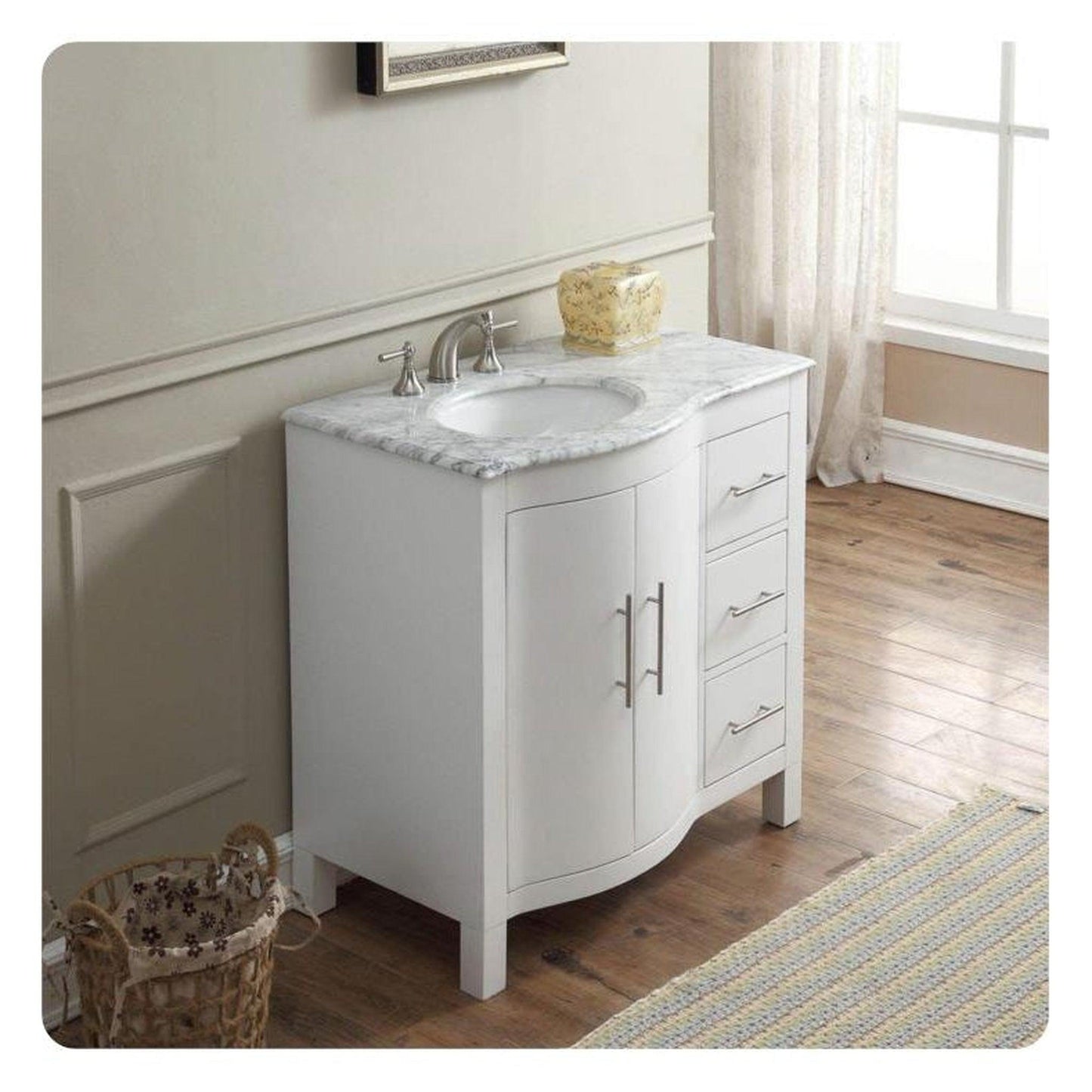 Silkroad Exclusive 36" Single Left Sink White Bathroom Vanity With Carrara White Marble Countertop and White Ceramic Undermount Sink - V0290WW36L