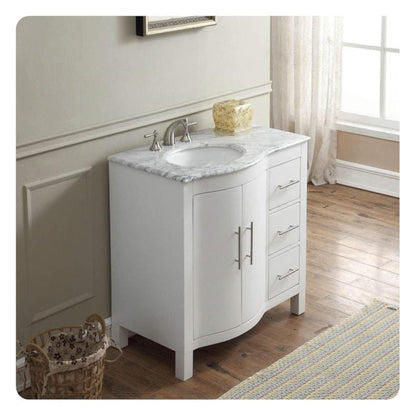 Silkroad Exclusive 36" Single Left Sink White Bathroom Vanity With Carrara White Marble Countertop and White Ceramic Undermount Sink - V0290WW36L