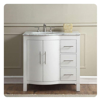 Silkroad Exclusive 36" Single Left Sink White Bathroom Vanity With Carrara White Marble Countertop and White Ceramic Undermount Sink - V0290WW36L