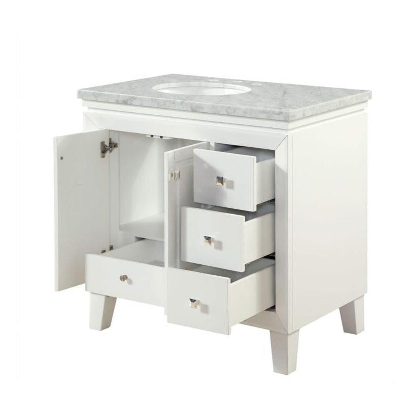 Silkroad Exclusive 36" Single Left Sink White Bathroom Vanity With Carrara White Marble Countertop and White Ceramic Undermount Sink - V0320WW36L