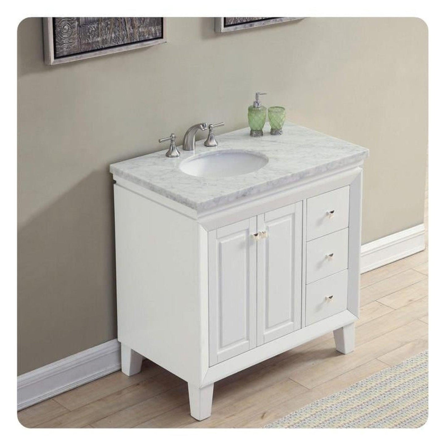 Silkroad Exclusive 36" Single Left Sink White Bathroom Vanity With Carrara White Marble Countertop and White Ceramic Undermount Sink - V0320WW36L