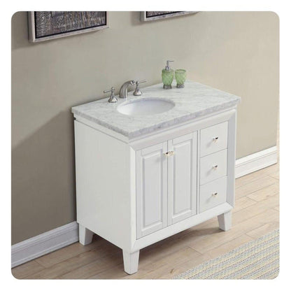 Silkroad Exclusive 36" Single Left Sink White Bathroom Vanity With Carrara White Marble Countertop and White Ceramic Undermount Sink - V0320WW36L