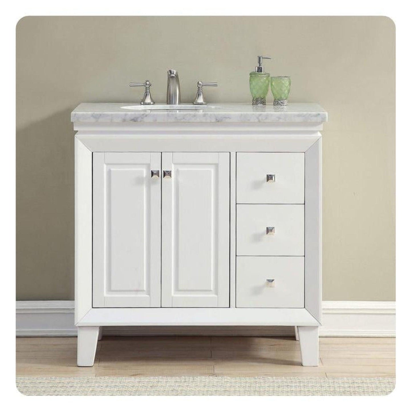 Silkroad Exclusive 36" Single Left Sink White Bathroom Vanity With Carrara White Marble Countertop and White Ceramic Undermount Sink - V0320WW36L