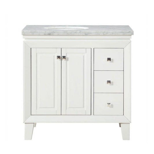 Silkroad Exclusive 36" Single Left Sink White Bathroom Vanity With Carrara White Marble Countertop and White Ceramic Undermount Sink - V0320WW36L
