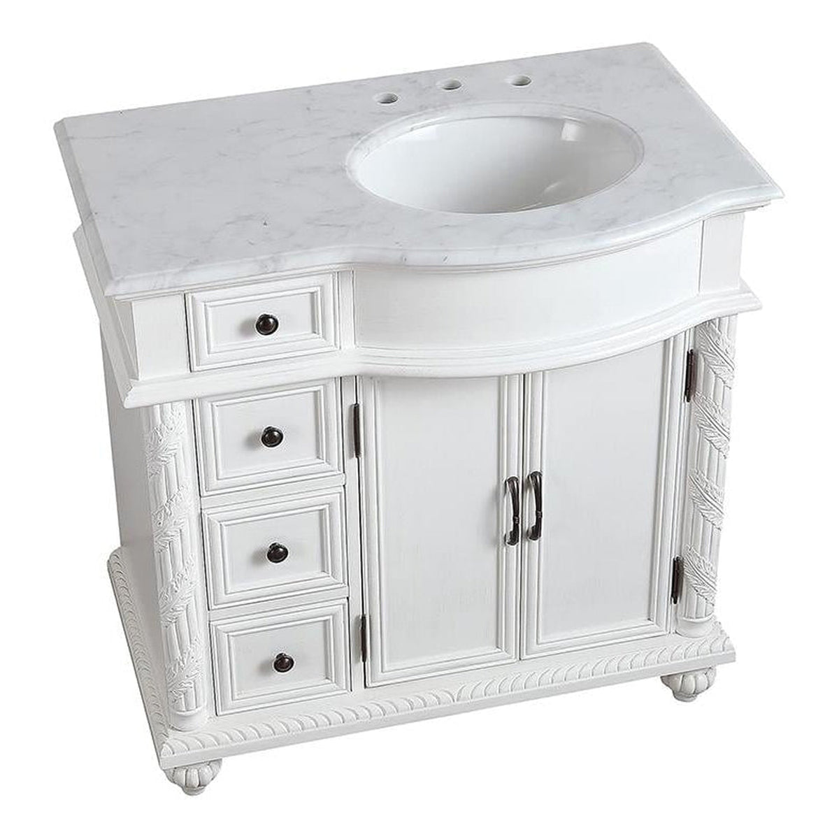 Silkroad Exclusive 36" Single Right Sink Antique White Bathroom Vanity With Carrara White Marble Countertop and White Ceramic Undermount Sink - V0213WW36R