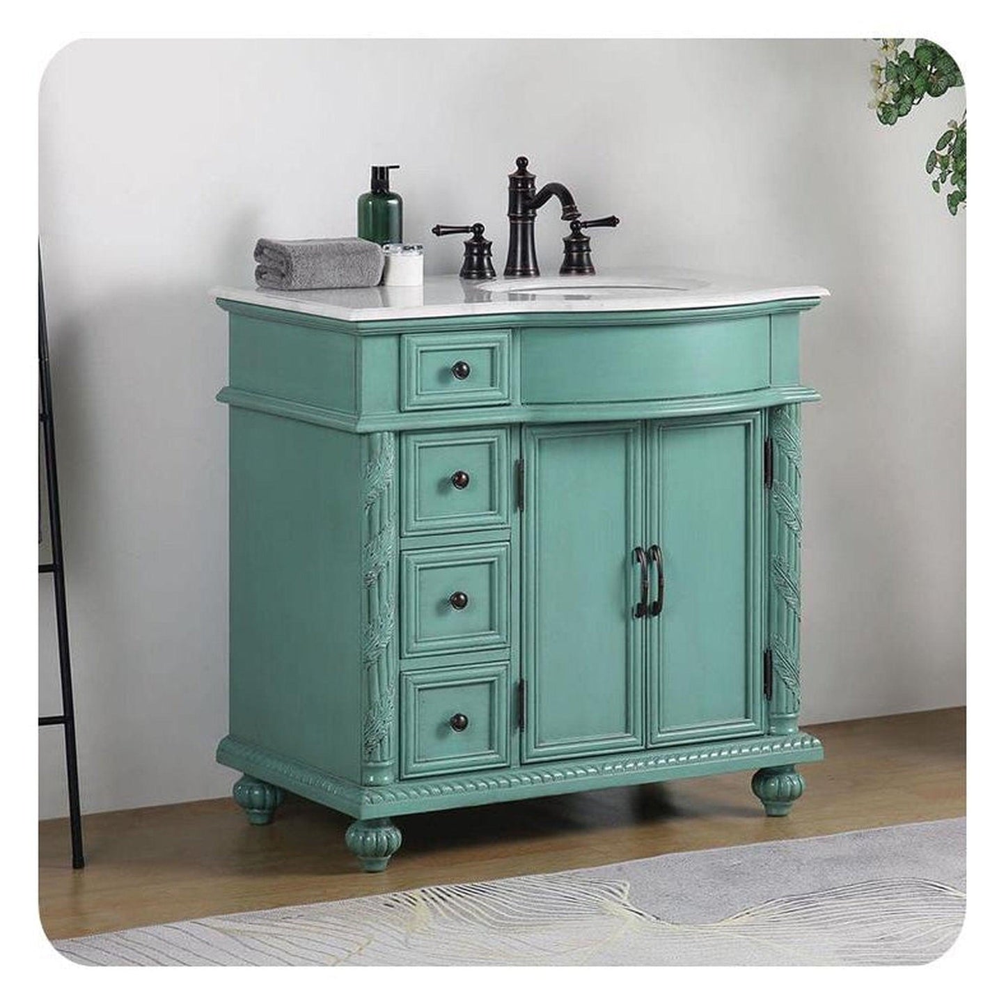 Silkroad 36" Green Vanity, Right Sink, Carrara Top - V0213NW36R