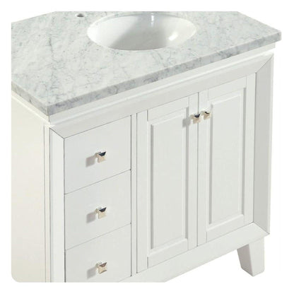 Silkroad Exclusive 36" Single Right Sink White Bathroom Vanity With Carrara White Marble Countertop and White Ceramic Undermount Sink - V0320WW36R