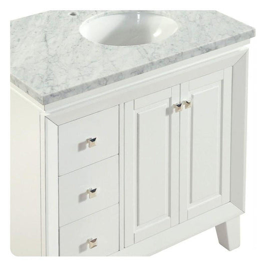 Silkroad Exclusive 36" Single Right Sink White Bathroom Vanity With Carrara White Marble Countertop and White Ceramic Undermount Sink - V0320WW36R