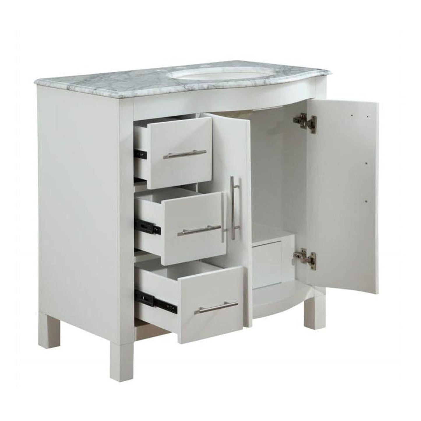 Silkroad Exclusive 36" Single Right Sink White Bathroom Vanity With Carrara White Marble Countertop and White Ceramic Undermount Sink - V0290WW36R