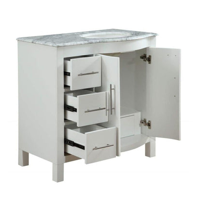 Silkroad Exclusive 36" Single Right Sink White Bathroom Vanity With Carrara White Marble Countertop and White Ceramic Undermount Sink - V0290WW36R