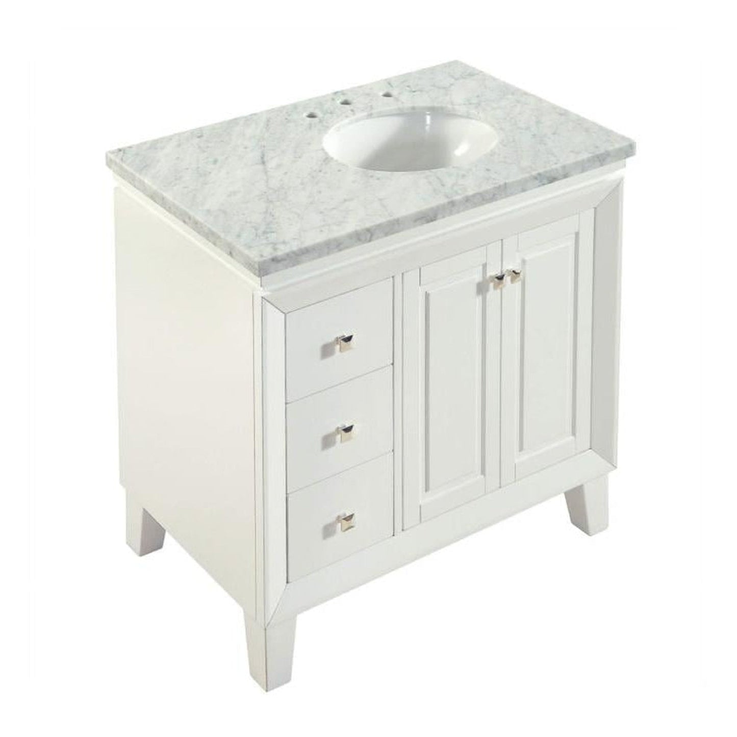 Silkroad Exclusive 36" Single Right Sink White Bathroom Vanity With Carrara White Marble Countertop and White Ceramic Undermount Sink - V0320WW36R
