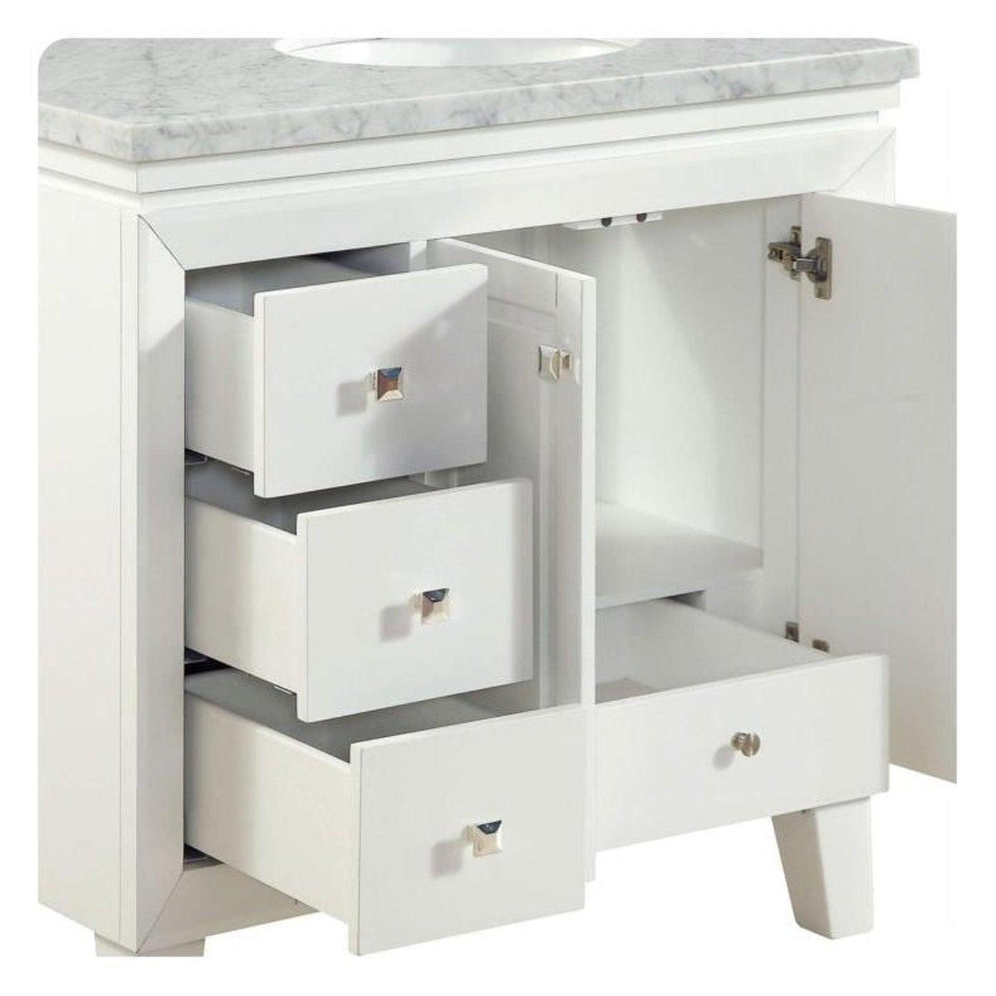Silkroad Exclusive 36" Single Right Sink White Bathroom Vanity With Carrara White Marble Countertop and White Ceramic Undermount Sink - V0320WW36R
