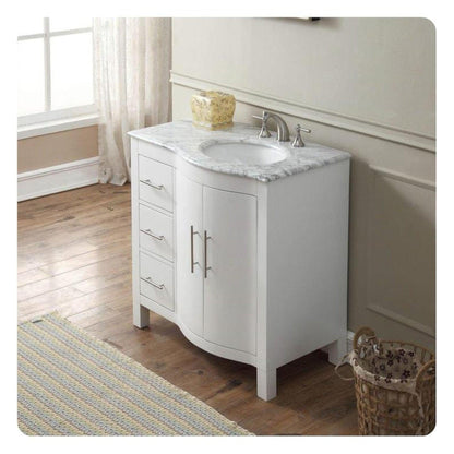 Silkroad Exclusive 36" Single Right Sink White Bathroom Vanity With Carrara White Marble Countertop and White Ceramic Undermount Sink - V0290WW36R