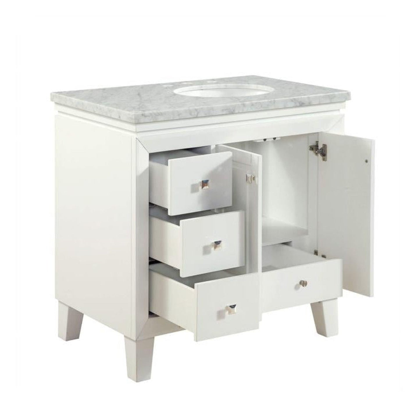 Silkroad Exclusive 36" Single Right Sink White Bathroom Vanity With Carrara White Marble Countertop and White Ceramic Undermount Sink - V0320WW36R