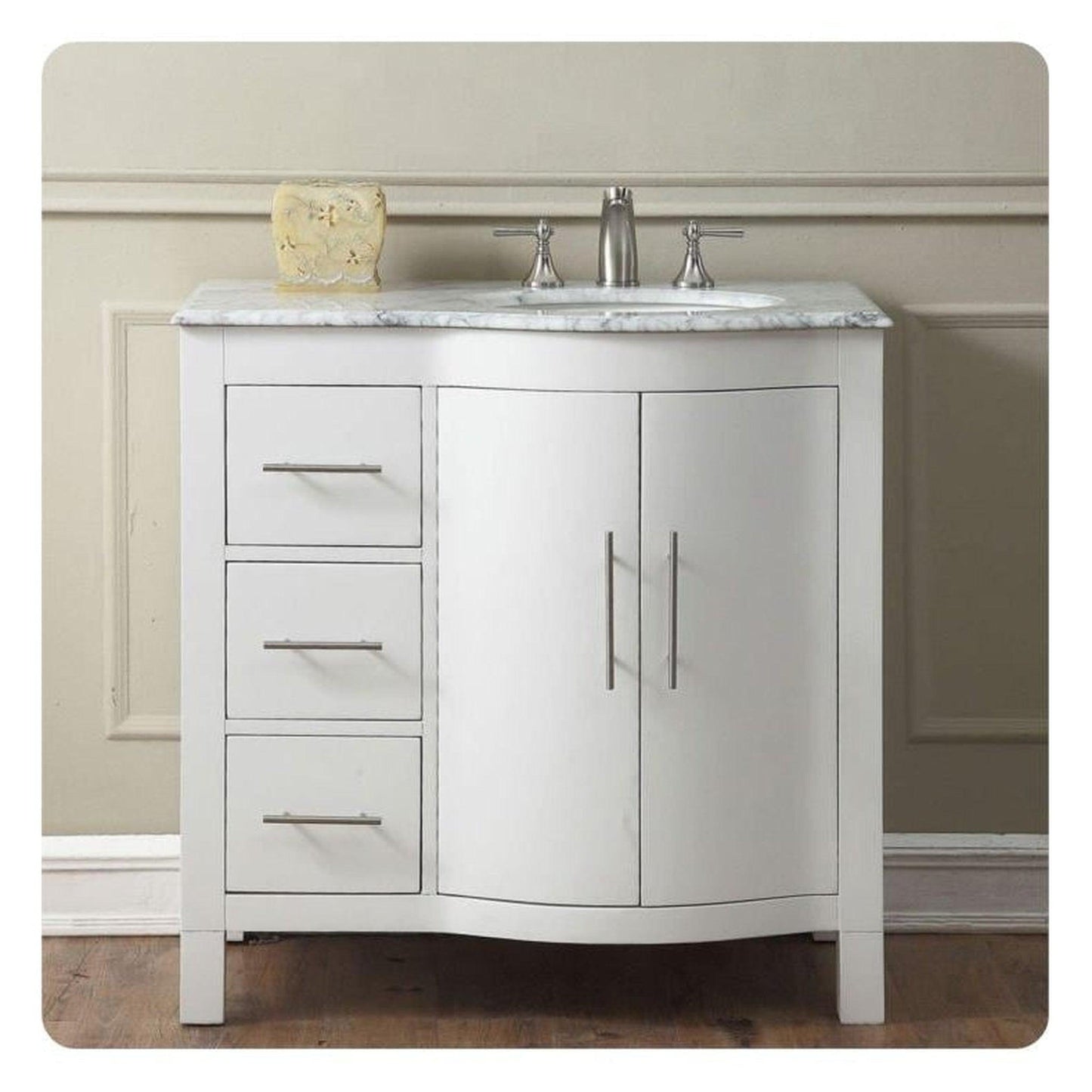 Silkroad Exclusive 36" Single Right Sink White Bathroom Vanity With Carrara White Marble Countertop and White Ceramic Undermount Sink - V0290WW36R