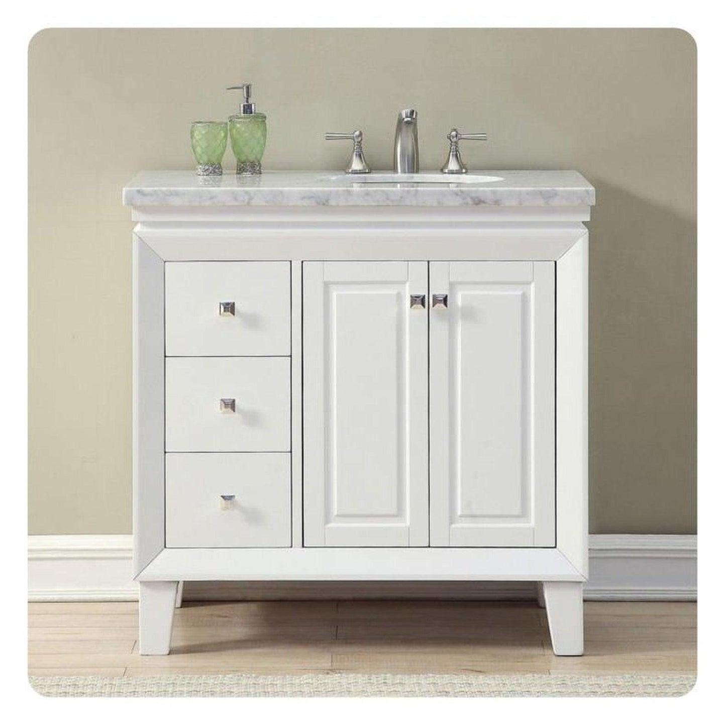 Silkroad Exclusive 36" Single Right Sink White Bathroom Vanity With Carrara White Marble Countertop and White Ceramic Undermount Sink - V0320WW36R