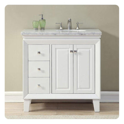 Silkroad Exclusive 36" Single Right Sink White Bathroom Vanity With Carrara White Marble Countertop and White Ceramic Undermount Sink - V0320WW36R