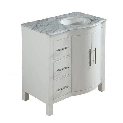 Silkroad Exclusive 36" Single Right Sink White Bathroom Vanity With Carrara White Marble Countertop and White Ceramic Undermount Sink - V0290WW36R
