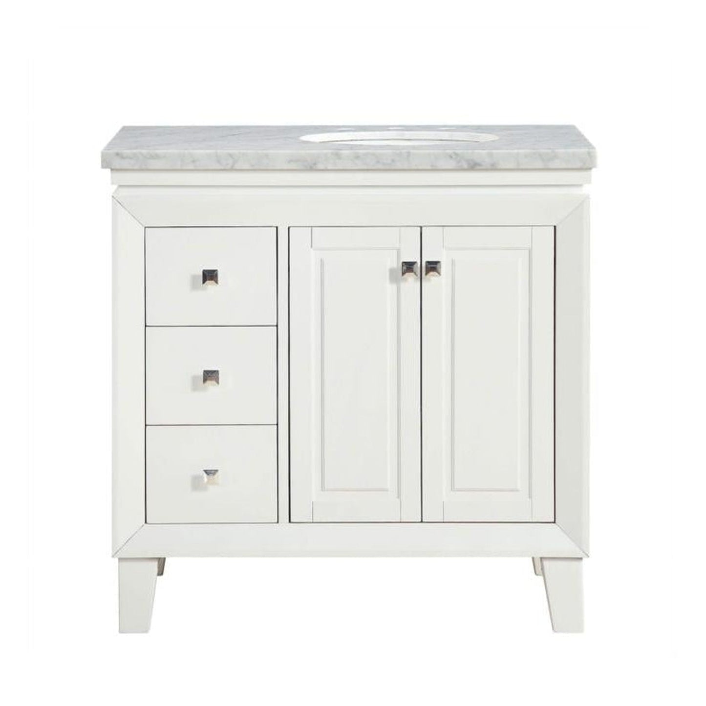 Silkroad Exclusive 36" Single Right Sink White Bathroom Vanity With Carrara White Marble Countertop and White Ceramic Undermount Sink - V0320WW36R
