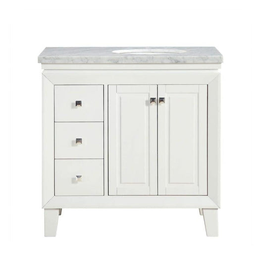 Silkroad Exclusive 36" Single Right Sink White Bathroom Vanity With Carrara White Marble Countertop and White Ceramic Undermount Sink - V0320WW36R