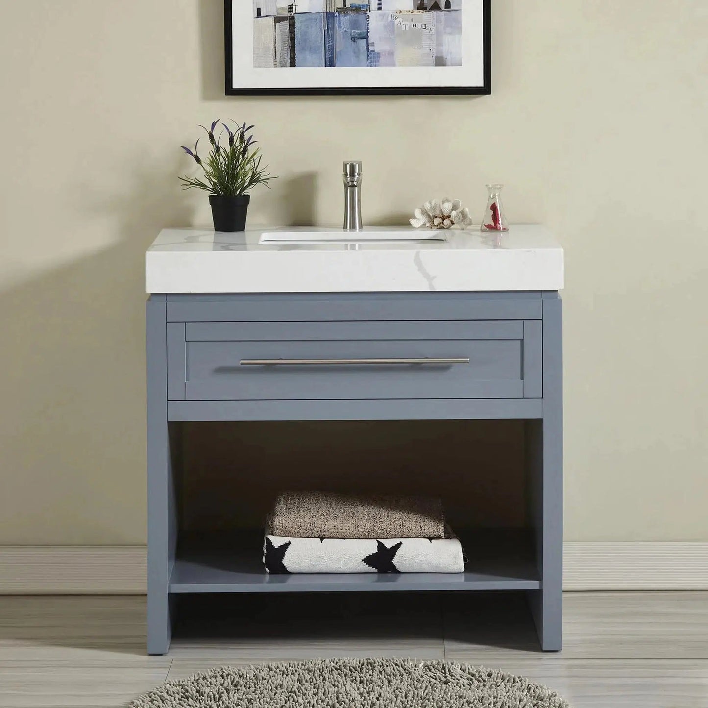 Silkroad Exclusive 36" Single Sink Bluish Gray Bathroom Vanity Base With Drawer and Shelf Storage - C01036GC