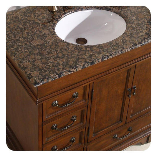 Silkroad Exclusive 36" Single Sink English Chestnut Bathroom Vanity With Baltic Brown Granite Countertop and White Ceramic Undermount Sink - HYP-0212-BB-UWC-36