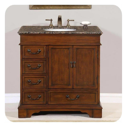 Silkroad Exclusive 36" Single Sink English Chestnut Bathroom Vanity With Baltic Brown Granite Countertop and White Ceramic Undermount Sink - HYP-0212-BB-UWC-36