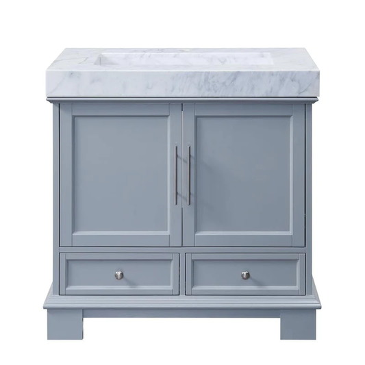 Silkroad Exclusive 36" Single Sink Gray Bathroom Vanity With White Carrara Marble Countertop and White Ceramic Undermount Sink - C05036GC_T0236WSC