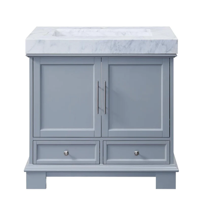 Silkroad Exclusive 36" Single Sink Gray Bathroom Vanity With White Carrara Marble Countertop and White Ceramic Undermount Sink - C05036GC_T0236WSC