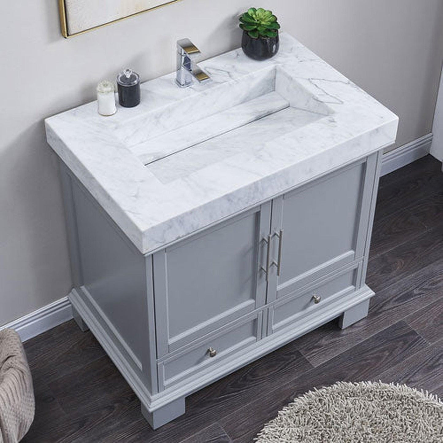 Silkroad Exclusive 36" Single Sink Gray Bathroom Vanity With White Carrara Marble Countertop and Marbled Integrated Ramp Sink - C05036GC_T0136WRC