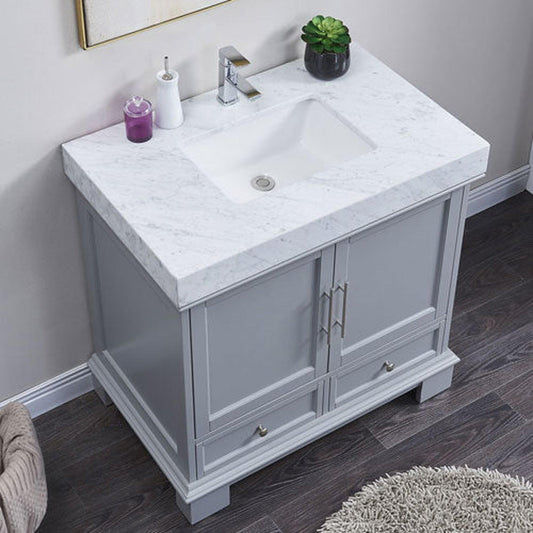Silkroad Exclusive 36" Single Sink Gray Bathroom Vanity With White Carrara Marble Countertop and White Ceramic Undermount Sink - C05036GC_T0236WSC