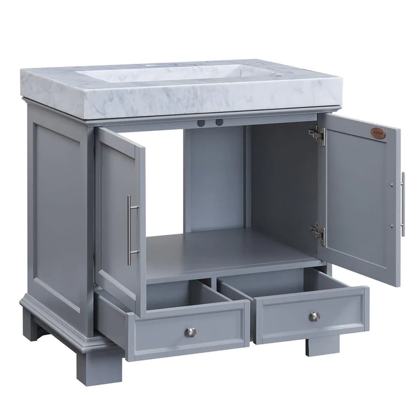 Silkroad Exclusive 36" Single Sink Gray Bathroom Vanity With White Carrara Marble Countertop and White Ceramic Undermount Sink - C05036GC_T0236WSC