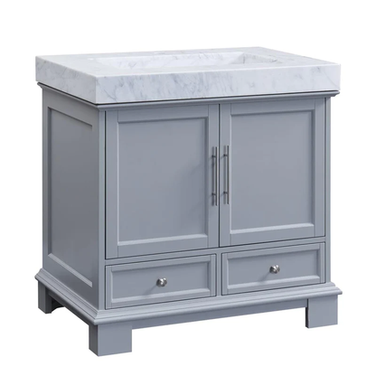 Silkroad Exclusive 36" Single Sink Gray Bathroom Vanity With White Carrara Marble Countertop and White Ceramic Undermount Sink - C05036GC_T0236WSC