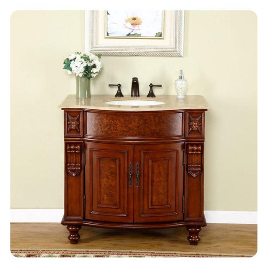Silkroad Exclusive 36" Single Sink Natural Cherry Bathroom Vanity With Travertine Countertop and Ivory Ceramic Undermount Sink - JYP-0192-T-UIC-36