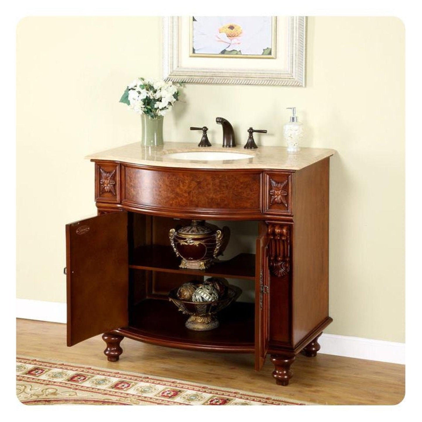 Silkroad Exclusive 36" Single Sink Natural Cherry Bathroom Vanity With Travertine Countertop and Ivory Ceramic Undermount Sink - JYP-0192-T-UIC-36