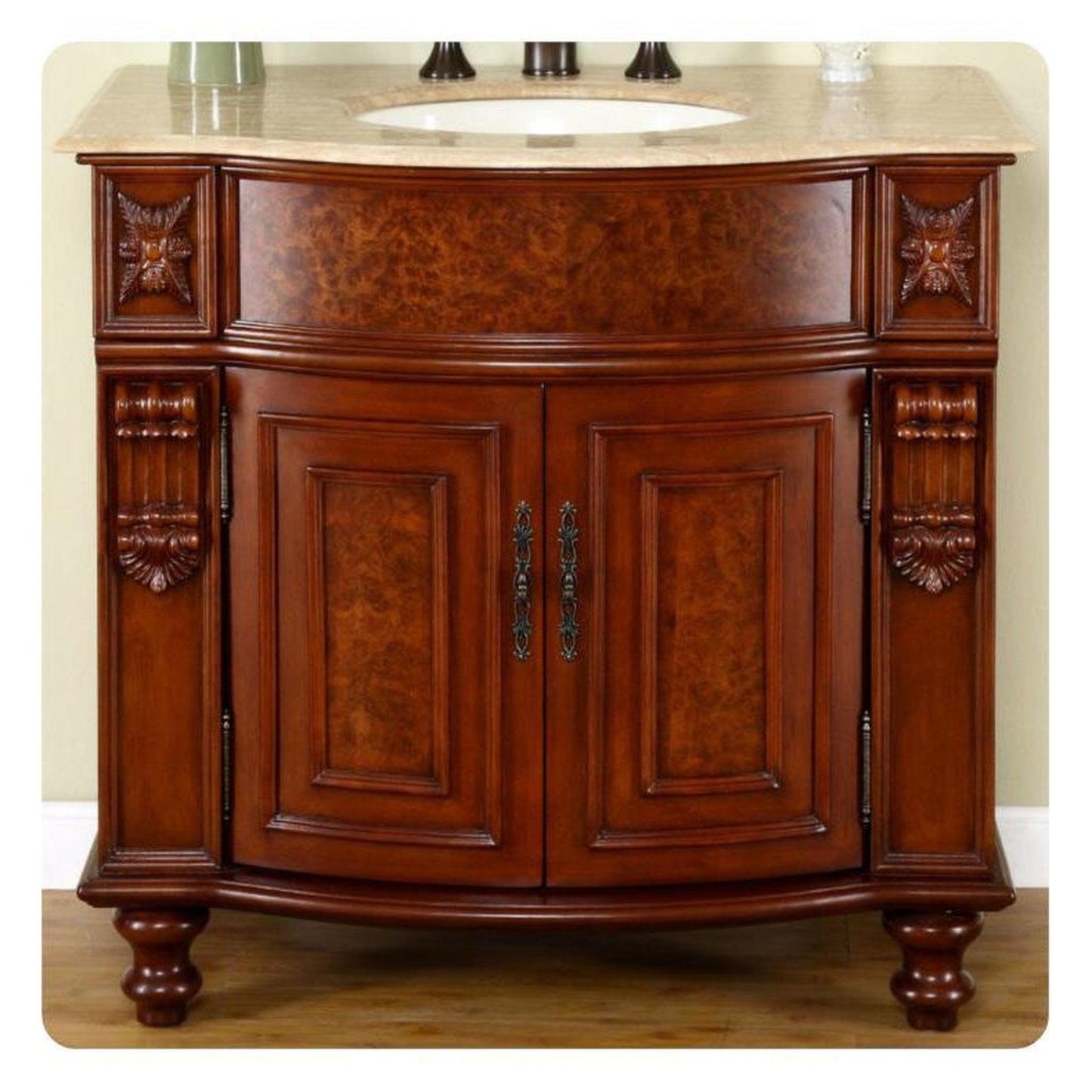 Silkroad Exclusive 36" Single Sink Natural Cherry Bathroom Vanity With Travertine Countertop and Ivory Ceramic Undermount Sink - JYP-0192-T-UIC-36
