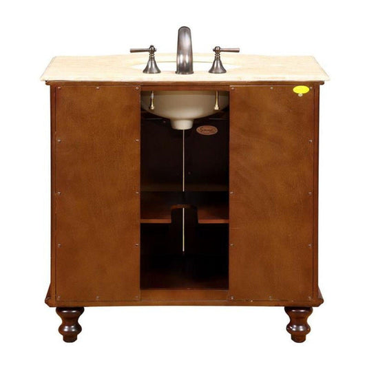 Silkroad Exclusive 36" Single Sink Natural Cherry Bathroom Vanity With Travertine Countertop and Ivory Ceramic Undermount Sink - JYP-0192-T-UIC-36