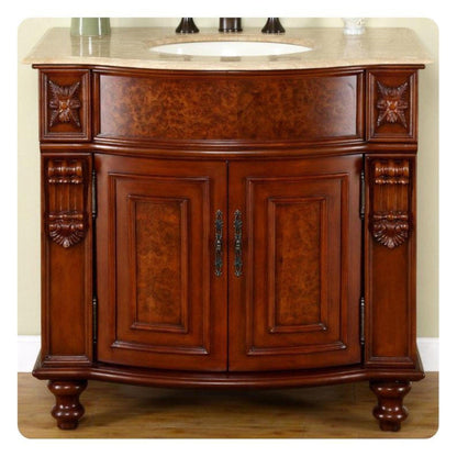 Silkroad Exclusive 36" Single Sink Natural Cherry Bathroom Vanity With Travertine Countertop and Ivory Ceramic Undermount Sink - JYP-0192-T-UIC-36