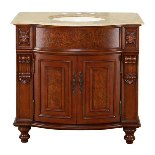Silkroad Exclusive 36" Single Sink Natural Cherry Bathroom Vanity With Travertine Countertop and Ivory Ceramic Undermount Sink - JYP-0192-T-UIC-36