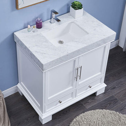 Silkroad Exclusive 36" Single Sink White Bathroom Vanity With White Carrara Marble Countertop and White Ceramic Undermount Sink - C05036WC_T0236WSC