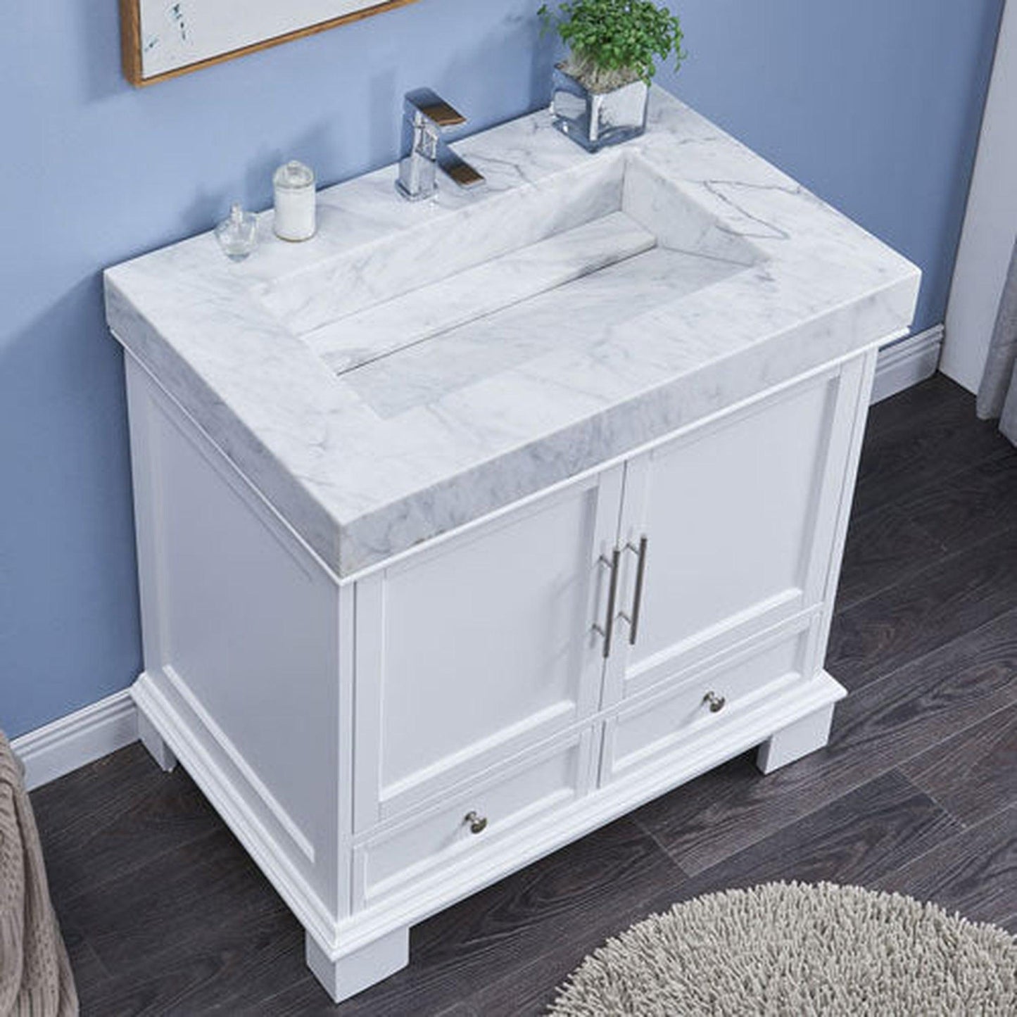 Silkroad Exclusive 36" Single Sink White Bathroom Vanity With White Carrara Marble Countertop and Marbled Integrated Ramp Sink - C05036WC_T0136WRC