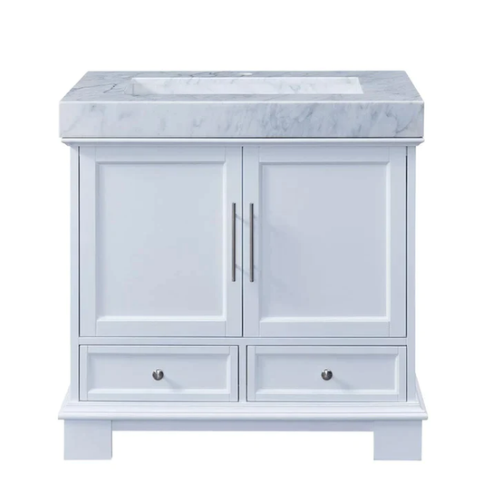 Silkroad Exclusive 36" Single Sink White Bathroom Vanity With White Carrara Marble Countertop and White Ceramic Undermount Sink - C05036WC_T0236WSC