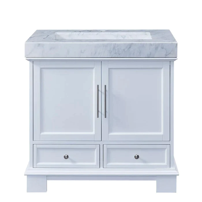 Silkroad Exclusive 36" Single Sink White Bathroom Vanity With White Carrara Marble Countertop and White Ceramic Undermount Sink - C05036WC_T0236WSC