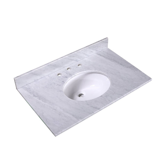 Silkroad Exclusive 36" x 22" White Carrara Marble Vanity Top With White Single Oval Undermount Sink and 4" Backsplash - T36C03