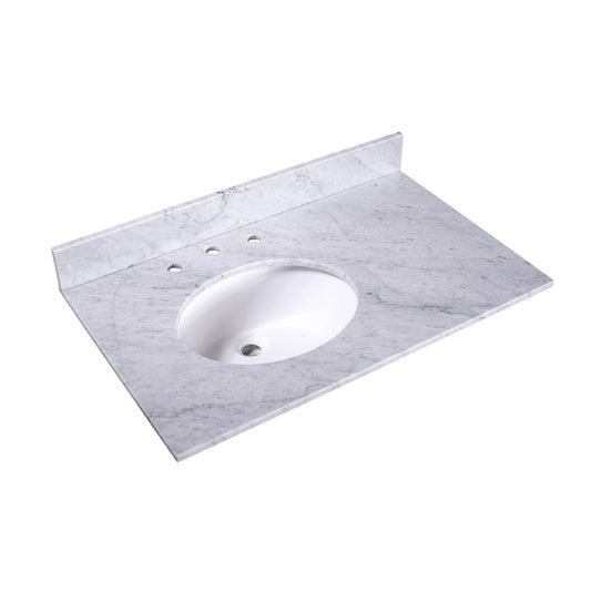 Silkroad Exclusive 36" x 22" White Carrara Marble Vanity Top With White Single Oval Undermount Left Sink and 4" Backsplash - T36L03