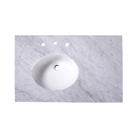 Silkroad Exclusive 36" x 22" White Carrara Marble Vanity Top With White Single Oval Undermount Left Sink and 4" Backsplash - T36L03
