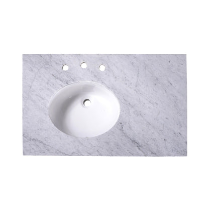 Silkroad Exclusive 36" x 22" White Carrara Marble Vanity Top With White Single Oval Undermount Left Sink and 4" Backsplash - T36L03